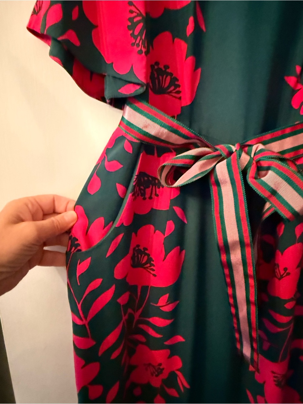 Boden Green Dress with Pink Floral Print and Striped Waist Tie-sz US 8 - Picture 2 of 9